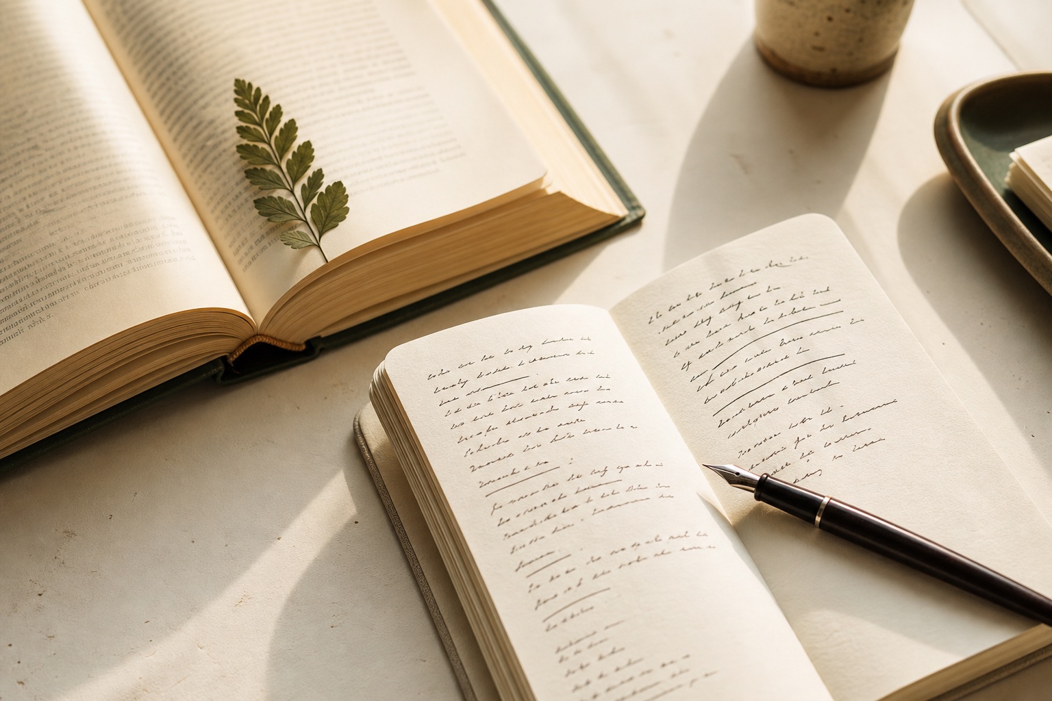 An open book and notebook in warm morning light